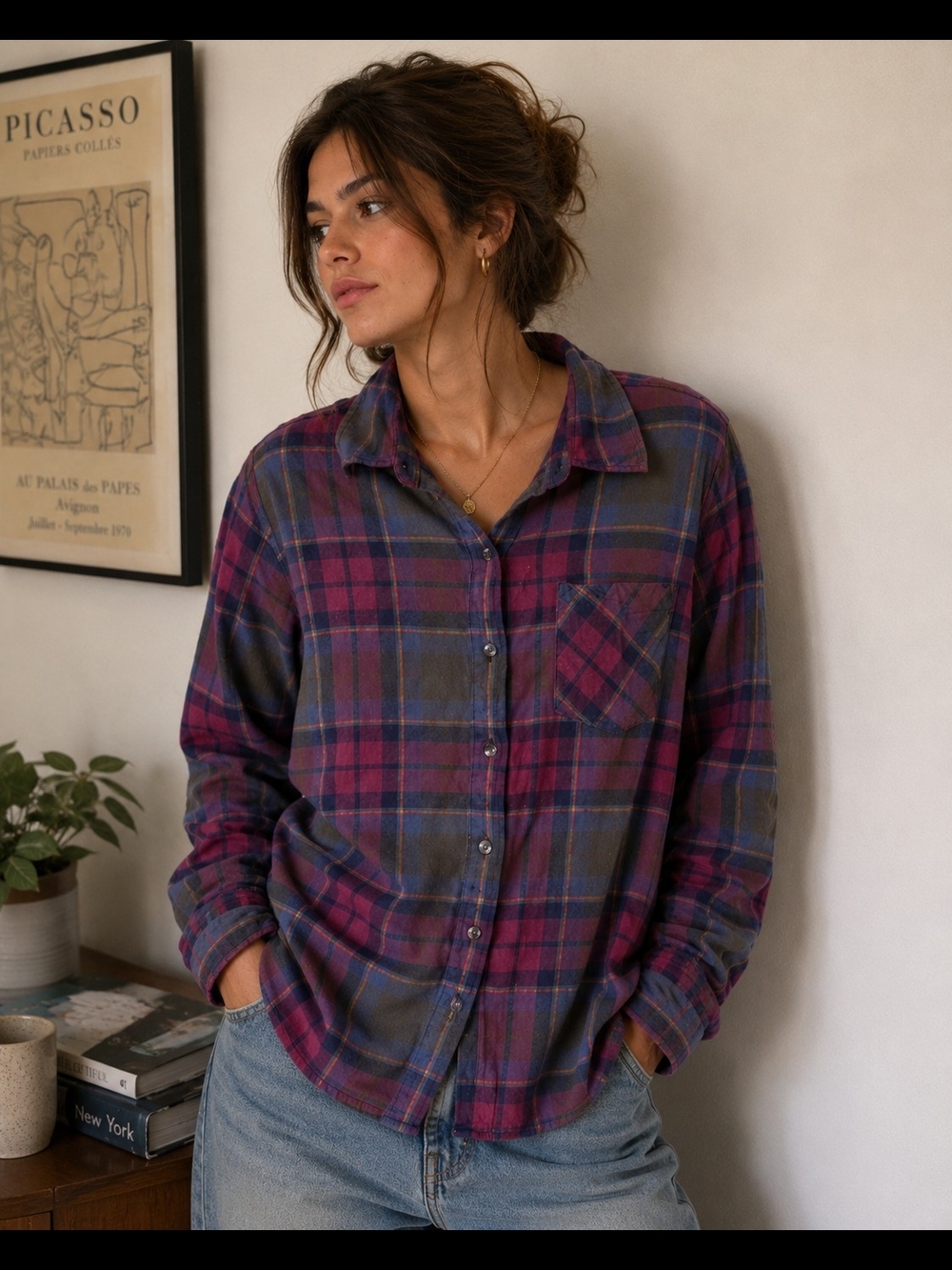 Natural Reflections Plaid Shirt in Navy & Rust Size Small